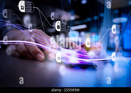 Blockchain-Technologiekonzept mit Diagramm der Kette und verschlüsselten Blöcke. Wellen von blauem Licht und Geschäftsmann, die auf dem Smartphone als Konzept nutzen Stockfoto