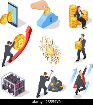 Isometrische Symbole für ICO und Blockchain. Bitcoin-Mining und Kryptowährungsbörse. Vektor 3D isoliert auf weißen Hintergrundsymbolen. Abbildung: Isometrischer Bitcoin-Block. Isometrische Symbole für ICO und Blockchain. Bitcoin-Mining und Kryptowährungsbörse. Vektor 3D isoliert auf weißen Hintergrundsymbolen Stock Vektor