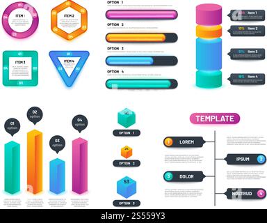 Infografik 3D-Vorlage. Geschäftsdiagramme, Diagramme und Diagramme mit Optionen und Schritten. Layout der Vektor-Infografiken. Schritttabelle und Diagrammabbildung. Infografik 3D-Vorlage. Geschäftsdiagramme, Diagramme und Diagramme mit Optionen und Schritten. Layout der Vektor-Infografiken Stock Vektor
