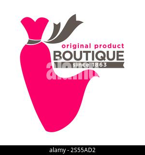 Mode Dame Kleid Boutique oder Hochzeit Schneideratelier Salon Logo Vorlage für Shop. Vektor isoliert Retro-Stil rosa Kleid Silhouette Icon für Hochzeit Kleid Geschäft. Kleid Boutique oder Dame Mode Atelier Salon Vektor Retro rosa Icon Vorlage Stock Vektor