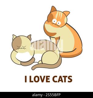 Niedliche Karikaturkatzen und ich liebe Katzen Text und Icon von Kätzchen spielen oder posieren. Vektor-isolierte flache Katze, die in Kuscheln und Comic-Ausrüstung schläft. Ich liebe niedliche Katzen, Haustiere oder Kätzchen, die Vektor-Flachbild-Symbol spielen oder posieren Stock Vektor