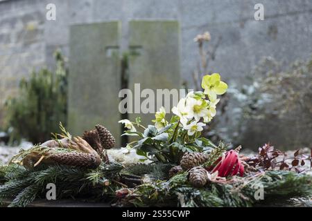 Helleborus niger in Blüte zwischen Blumenarrangements auf einem Grab, im Hintergrund ein Kreuz im Grabstein, Riesa-Friedhof, Sachsen Stockfoto