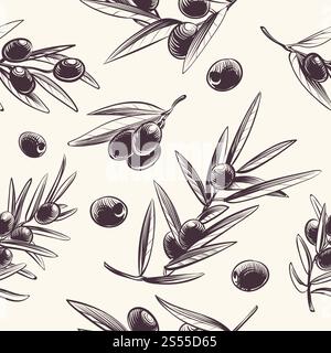 Nahtloses Muster der Olivenzweige. Mediterrane Oliven verzweigte Textur. Botanischer italienischer Lebensmittelvektor wiederholende Dressing-Verpackung. Illustration des nahtlosen Musters der Olivenzweigpflanze des mittelmeerraums. Nahtloses Muster der Olivenzweige. Mediterrane Oliven verzweigte Textur. Botanischer italienischer Lebensmittelvektor wiederholende Dressing-Verpackung Stock Vektor