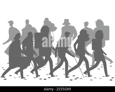 Die Silhouetten der Menschen gehen auf der Winter- oder Herbststraße. Graue Walking People Silhouetten isoliert auf weißem Hintergrund. Vektorabbildung. Die Silhouetten der Menschen gehen auf der Winter- oder Herbststraße. Stock Vektor