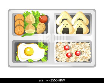 Lunchpaket mit japanischen bento-Mahlzeiten, Sushi-Brötchen, Eiern und Reis mit Salat. Vektor isoliertes flaches Symbol der Lunchbox mit Lebensmitteln für gesunde Ernährung oder Diät Ernährung, Frühstück oder Abendessen in Plastikbehälter. Lunchpaket mit japanischen bento-Mahlzeiten, Sushi-Brötchen, Eiern und Reis mit Salat. Stock Vektor