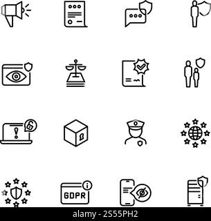 DSGVO-Zeilensymbole. Datenschutzrichtlinie, Sicherheit digitaler Geschäftsinformationen und neue Vektorsymbole für Internetstandards. Abbildung des Schutzes vertraulicher und sicherheitsrelevanter Webnetze. DSGVO-Zeilensymbole. Datenschutzrichtlinie, Sicherheit digitaler Geschäftsinformationen und neue Vektorsymbole für Internetstandards Stock Vektor