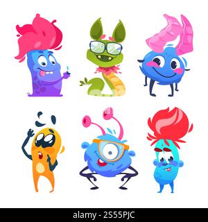 Cartoon-Monster. Halloween-Gremlins. Lustige Vektormonsterfiguren. Monster und Alien, glückliche süße Maskottchen Kreatur für halloween Illustration. Cartoon-Monster. Halloween-Gremlins. Lustige Vektormonsterfiguren Stock Vektor