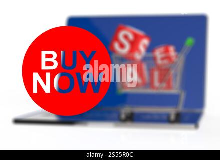 kaufen Sie jetzt auf Laptop-Computer mit Wagen als Konzept Stockfoto