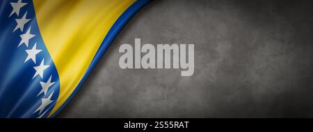Bosnien-Herzegowina-Flagge auf Betonmauer. Horizontales Panorama-Banner. 3D-Abbildung. Bosnische und herzegowinische Flagge auf Betonwänden Stockfoto
