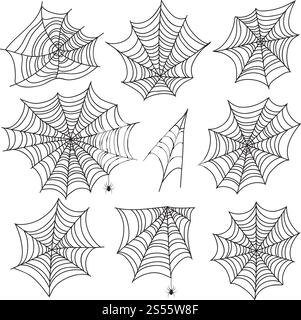 Halloween Spinnennetz. Schwarze Spinnennetz- und Spinnensilhouetten. Gruselige Web-Vektorgrafiken isoliert auf weißem Hintergrund. Spinnennetz-Silhouette, Spinnennetz-halloween-Illustration. Halloween Spinnennetz. Schwarze Spinnennetz- und Spinnensilhouetten. Gruselige Web-Vektorgrafiken isoliert auf weißem Hintergrund Stock Vektor