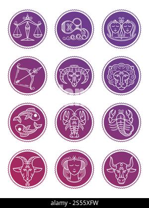 Bunte Sternzeichen-Vektor-Astrologie-Linien-Symbole isoliert auf weißem Hintergrund Illustration. Bunte Sternzeichen-Vektor-Astrologie-Liniensymbole isoliert auf weiß Stock Vektor