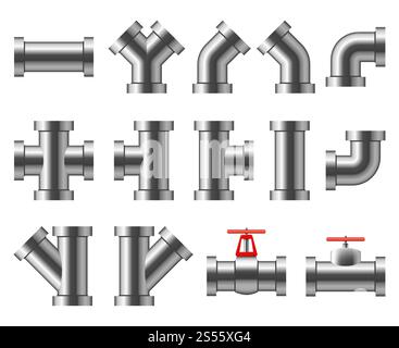 Silberne Rohre. Aluminium- und Chromleitung. Rohrverschraubungen, Wasserrohrvektorsatz. Rohr- und Rohrleitungssystem, Bauindustrie für Abwasserentsorgung. Silberne Rohre. Aluminium- und Chromleitung. Rohrverschraubungen, Wasserrohrvektorsatz Stock Vektor