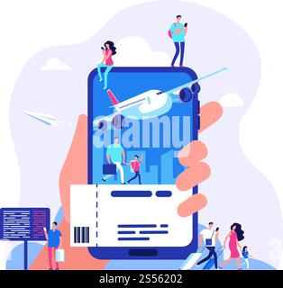 Online-Ticket-Konzept. Tickets mit Smartphone kaufen. Vektorillustration für Personen, die Flugzeug oder Zug buchen. Ticket online kaufen, Reise-Service, Urlaub und Tourismus Flugzeug. Online-Ticket-Konzept. Tickets mit Smartphone kaufen. Vektorillustration für Personen, die Flugzeug oder Zug buchen Stock Vektor