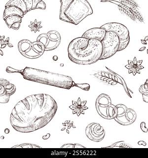 Nahtloses Brotmuster. Vintage-Skizzenbäckerei, die Vektorhintergrund wiederholt. Skizzieren Sie Bäckerei-Muster, Hintergrund mit Croissant-Zeichnung und Brötchen-Illustration. Nahtloses Brotmuster. Vintage-Skizzenbäckerei, die Vektorhintergrund wiederholt Stock Vektor