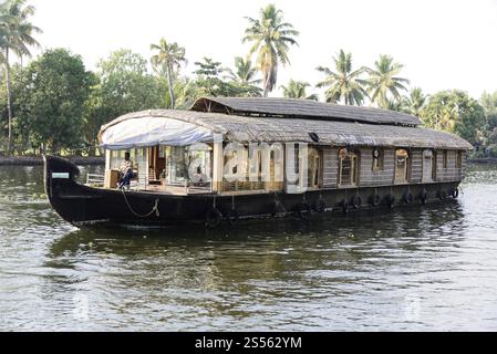 Hausboot, Backwaters, in der Nähe von Alappuzha, Kerala, Südindien, Indien, Asien, traditionelles Hausboot auf einem ruhigen Fluss, umgeben von Palmen und tropischen Stockfoto