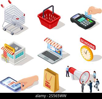 Isometrische Einkaufssymbole. E-Commerce-Shop, Online-Shop und Online-Kauf von 3D-Vektor-Marketing-Symbolen. Online-Verkauf im Internet, Warenkorb und Laptop. Isometrische Einkaufssymbole. E-Commerce-Shop, Online-Shop und Online-Kauf von 3D-Vektor-Marketing-Symbolen Stock Vektor