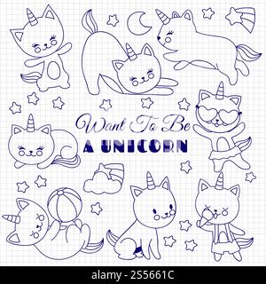 Süße Katzen wie Einhorn-Vektor-Set. Cartoon-Kätzchen auf der Notizbuchseite der Schule. Illustration der Einhornkatzenzeichnung, lustiges Tierlächeln. Süße Katzen wie Einhorn-Vektor-Set. Cartoon-Kätzchen auf der Notizbuchseite der Schule Stock Vektor