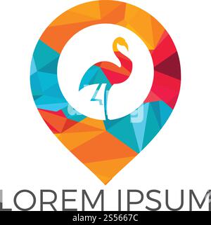 Flamingo- und Kartenzeiger-Logo. Der abstrakte Vogel mit dem Logo des modernen Orts. Stock Vektor