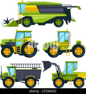 Mähdrescher und verschiedene andere landwirtschaftliche Maschinen. Vektormaschine für landwirtschaftliche Arbeit Illustration. Mähdrescher und verschiedene andere landwirtschaftliche Maschinen Stock Vektor