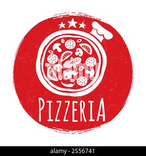 Pizzeria-Label-Design auf Grunge-Banner isoliert auf weiß. Vektorabbildung. Pizzeria-Label auf Grunge-Banner Stock Vektor