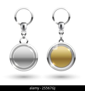 Realistische Schlüsselanhänger aus Silber und Gold in verschiedenen runden Formen, isoliert auf weißem Hintergrund. Vektorabbildung. Silberne und goldene Schlüsselanhänger in runden Formen Stock Vektor