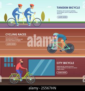 Banner mit horizontalen Abbildungen verschiedener Radfahrer. Sportfahrrad, Sportsman Reitwettbewerb, Hobby-Radfahrer Vektor. Banner mit horizontalen Abbildungen verschiedener Radfahrer Stock Vektor