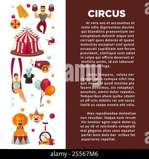 Fantastisches Poster für Zirkus-Promo mit Teilnehmern der Show und Ausrüstung. Weiblicher Jongleur und akrobat, männlicher Gewichtheber, lustiger Clown, Kaninchen im Kopf, ausgebildeter Löwe und gestreifte Zelt Vektorillustrationen. Fantastisches Poster für Zirkus-Promo mit Teilnehmern der Show und Ausrüstung. Stock Vektor