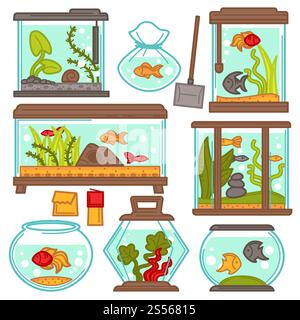 Aquarien verschiedener Formen mit tropischen Fischen und Pflanzen. Vektorfischtank-Satz von Filtrationssystem, Heizung, Löffelnetz und Thermometer und Wartungsausrüstung oder Fischfutter. Aquarien Ikonen mit tropischen Fischen und Pflanzen Vektor-Ausrüstung Design Stock Vektor