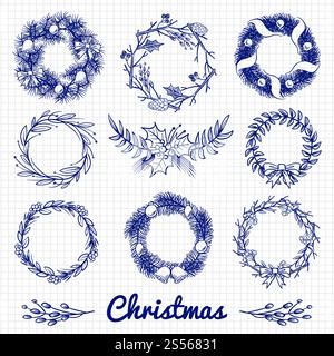 Kugelschreiber mit weihnachtlichem Kritzelkranz und dekorativen Zweigen. Vektor weihnachtskranz Dekoration, Wintergruß weihnachtsillustration. Kugelschreiber mit weihnachtlichem Kritzelkranz und dekorativen Zweigen Stock Vektor