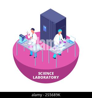 Wissenschaftslabor 3D isometrisches Forschungslabor mit Laborausrüstung und Wissenschaftlervektorsymbol isoliert auf weißer Hintergrundillustration. Wissenschaftslabor 3D isometrisches Forschungslabor mit Laborausrüstung und Wissenschaftlervektor Stock Vektor