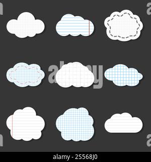 Symbole für Linezierte Wolkenvektoren des Sets. Schulaufkleber Notizbuchstil Illustration. Vektorsymbole für Linezierte Wolken. Schulaufkleber Notizbuchstil Stock Vektor