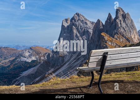 Malerische Herbstalpen, berühmte italienische Dolomiten Seceda majestätischer Felsen, Sass Rigais, Sudtirol, Italien. Wunderschönes Reisen, saisonal Stockfoto
