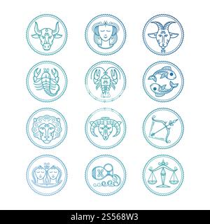 Liniensymbole Zodiac Zeichen Vektor eingestellt. Bunte Horoskop-Embleme isoliert auf weißer Illustration. Liniensymbole Zodiac Zeichen Vektor eingestellt. Bunte Horoskop-Embleme Stock Vektor