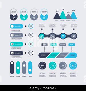 Infografik-Elemente. Balkendiagramme Zeitachsen Kreisdiagramm mit Prozentpunkten, Zahlendiagramm und Symbolen. Infografiken zu Unternehmensvektoren. Informationen zu wirtschaftlichen Diagrammen, Diagramm und Diagrammdarstellung. Infografik-Elemente. Balkendiagramme Zeitachsen Kreisdiagramm mit Prozentpunkten, Zahlendiagramm und Symbolen. Infografiken zu Unternehmensvektoren Stock Vektor