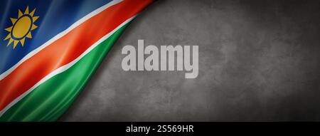 Namibia-Flagge auf Betonmauer. Horizontales Panorama-Banner. 3D-Abbildung. Namibische Flagge auf Betonwänden Stockfoto