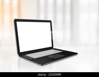 Leerer 3D-Laptop-Computer isoliert auf dem Innenhintergrund des Bürotischs. Abbildung. Laptop-Computer am Schreibtisch Stockfoto