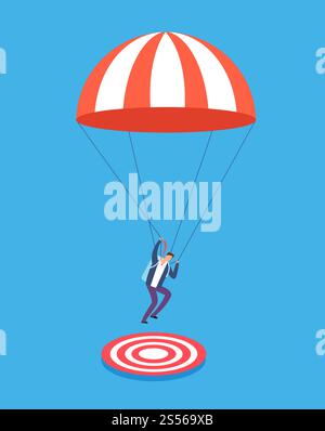 Geschäftsmann mit Fallschirm, der auf das Ziel zielt. Riskantes Geschäft, Erfolg und Fokusvektorkonzept. Geschäftsrisiko, Geschäftsmann mit Fallschirm-Illustration. Geschäftsmann mit Fallschirm, der auf das Ziel zielt. Riskantes Geschäft, Erfolg und Fokusvektorkonzept Stock Vektor