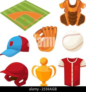 Baseball-Zeichentricksymbole auf weiß. Sportball für Spiel, Comic american Softball, Cap und Cup. Vektorabbildung. Baseball-Zeichentricksymbole auf weiß Stock Vektor