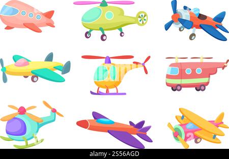 Illustrationen von Flugzeugen im Cartoon-Stil. Verschiedene Spielzeuge für Kinder. Flugzeug Spielzeug, Flugzeug Transport für Kinder spielen Vektor. Illustrationen von Flugzeugen im Cartoon-Stil. Verschiedene Spielzeuge für Kinder Stock Vektor
