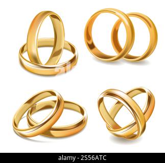 Goldene Eheringe, zwei miteinander verflochtene Bänder. Realistische goldene Schmuckstücke in glänzendem, traditionellem, klassischem Stil. Heiratsantrag Stockfoto