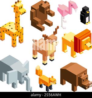 3D-Spielzeugtiere. Isometrische Bilder isolieren. Vektorgiraffe und Bär, Löwe und Nilpferde, Illustration von Pinguinen und Hirschen. 3D-Spielzeugtiere. Isometrische Bilder isolieren Stock Vektor