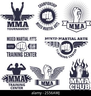 Einfarbige Sportetiketten für mma-Kämpfer. Vektor-Boxkampf-Emblem, Meisterschafts-Logo-Illustration. Einfarbige Sportetiketten für mma-Kämpfer Stock Vektor