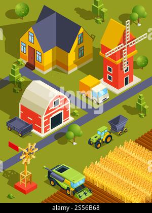Isometrische Landschaft eines Dorfes oder Bauernhofs mit verschiedenen Gebäuden und landwirtschaftlichen Maschinen. Bauernhof auf dem Land mit isometrischem Haus und Maschine. Vektorabbildung. Isometrische Landschaft eines Dorfes oder Bauernhofs mit verschiedenen Gebäuden und landwirtschaftlichen Maschinen Stock Vektor