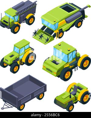 Isometrische Abbildungen von Mähdreschern, Traktoren und anderen verschiedenen Landwirtschaftsmaschinen. Ausrüstung Fahrzeugmaschinen für landwirtschaftliche Vektoren. Isometrische Abbildungen von Mähdreschern, Traktoren und anderen verschiedenen Landwirtschaftsmaschinen Stock Vektor