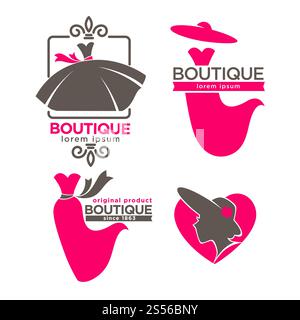 Logovorlagen für Modekleider, Boutique- oder Woman Tailor Salon. Vektor isolierte Retro-Ikonen von rosa Hochzeitskleid und Hut mit Schnürsenkeln für Modeatelier oder Premium Schneiderei Shop. Kleid Boutique oder Mode Kleid und Hut Atelier Salon Vektor Icons Set Stock Vektor