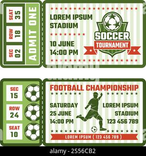 Entwerfen Sie eine Vorlage für Tickets für ein Fußballspiel. Sportfußball mit Ball Ticket zum Wettbewerb, Vektor-Illustration. Entwerfen Sie eine Vorlage für Tickets für ein Fußballspiel Stock Vektor