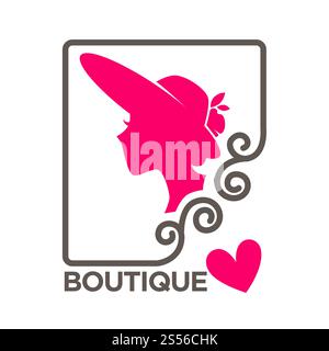 Mode-Boutique-Logovorlage mit Damenkopf-Silhouette in Hut und rosa Herz. Vektor isolierte Retro-Ikone für Schönheitssalon oder Mode Frauen Kopfbedeckung und Kleid oder Kosmetik und Schmuck Boutique. Schönheit Boutique Frau Kopf in Hut Vektor isoliert rosa Herz Icon Stock Vektor