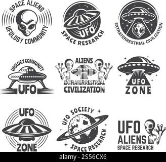 Einfarbige Etiketten oder Abzeichen mit Bildern von Außerirdischen, UFO und Weltraum. Emblem mit Shuttle Alien, neue Zivilisation erforschen. Vektorabbildung. Einfarbige Etiketten oder Abzeichen mit Bildern von Außerirdischen, UFO und Weltraum Stock Vektor