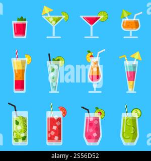 Verschiedene frische Säfte und Cocktails. Vektor in abgewickelter Form festgelegt. Illustration eines Cocktailglases, eines frischen Getränks. Verschiedene frische Säfte und Cocktails. Vektor in abgewickelter Form festgelegt Stock Vektor