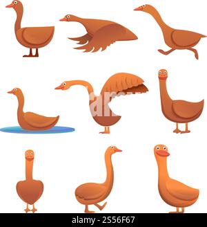 Gänsesymbole eingestellt. Zeichentricksatz von Gänsevektorsymbolen für Webdesign. Gänsesymbole Set, Zeichentrickstil Stock Vektor